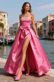 Bright Pink Satin A Line Strapless Pearls Long Prom Dress with Slit