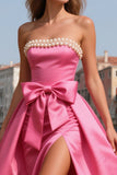 Bright Pink Satin A Line Strapless Pearls Long Prom Dress with Slit