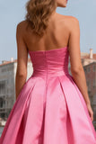 Bright Pink Satin A Line Strapless Pearls Long Prom Dress with Slit