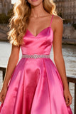 Sparkly Bright Pink Satin A Line Spaghetti Straps Long Prom Dress