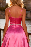 Sparkly Bright Pink Satin A Line Spaghetti Straps Long Prom Dress