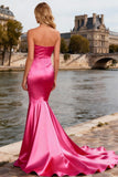 Simple Bright Pink Satin Mermaid Strapless Long Prom Dress