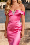 Sparkly Bright Pink Satin Mermaid Beaded Long Prom Dress