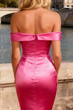 Sparkly Bright Pink Satin Mermaid Beaded Long Prom Dress