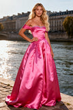 Sparkly Bright Pink Satin A Line Off the Shoulder Long Prom Dress