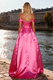 Sparkly Bright Pink Satin A Line Off the Shoulder Long Prom Dress