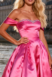 Sparkly Bright Pink Satin A Line Off the Shoulder Long Prom Dress
