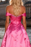 Sparkly Bright Pink Satin A Line Off the Shoulder Long Prom Dress