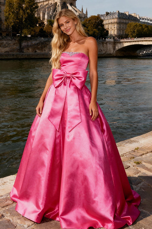 Sparkly Bright Pink A Line Satin Strapless Long Prom Dress with Bow