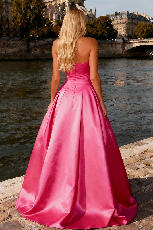 Sparkly Bright Pink A Line Satin Strapless Long Prom Dress with Bow