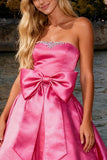 Sparkly Bright Pink A Line Satin Strapless Long Prom Dress with Bow