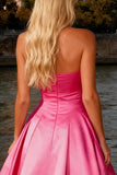 Sparkly Bright Pink A Line Satin Strapless Long Prom Dress with Bow