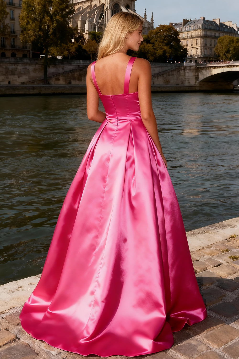 Sparkly Bright Pink Satin Thick Straps A Line Long Prom Dress