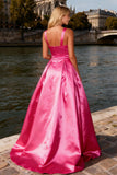 Sparkly Bright Pink Satin Thick Straps A Line Long Prom Dress