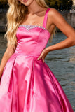 Sparkly Bright Pink Satin Thick Straps A Line Long Prom Dress