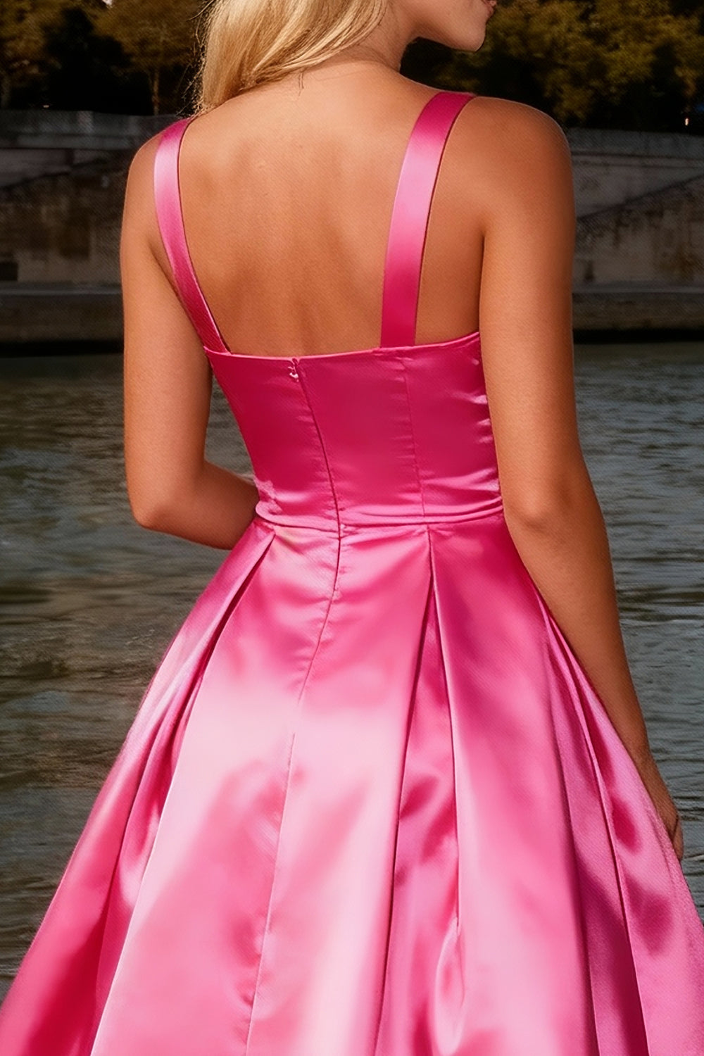Sparkly Bright Pink Satin Thick Straps A Line Long Prom Dress