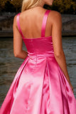 Sparkly Bright Pink Satin Thick Straps A Line Long Prom Dress
