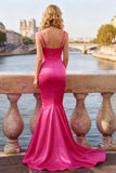 Bright Pink Satin Mermaid Thick Straps Long Prom Dress with Bow