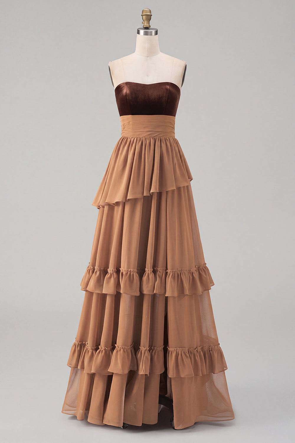 ZAPAKA Women Sweetheart Khaki Wedding Guest Dress with Slit Tiered A-Line Ruffled Chiffon Maxi Dress, Khaki / US18W