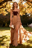 Khaki Tiered Long Wedding Guest Dress with Slit Chiffon Velvet Sweetheart Formal Dress with Ruffles