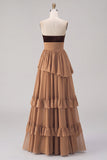 Khaki Tiered Chiffon Sweetheart Long Wedding Guest Dress with Slit