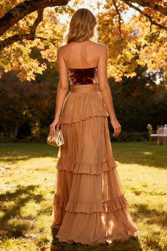 Khaki Tiered Strapless Chiffon Long Wedding Guest Dress with Slit
