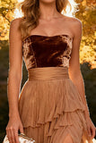 Khaki Tiered Chiffon Sweetheart Long Wedding Guest Dress with Slit