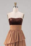 Khaki Tiered Chiffon Sweetheart Long Wedding Guest Dress with Slit