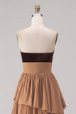 Khaki Tiered Chiffon Sweetheart Long Wedding Guest Dress with Slit