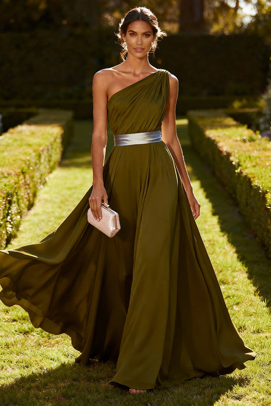 Olive One Shoulder Chiffon Ruched Long Wedding Guest Dress