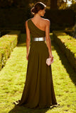 Olive One Shoulder Chiffon Ruched Long Wedding Guest Dress