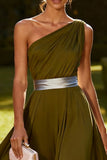Olive One Shoulder Chiffon Ruched Long Wedding Guest Dress