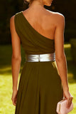 Olive One Shoulder Chiffon Ruched Long Wedding Guest Dress