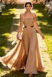 Khaki Chiffon Pleated Neck Scarf Long Wedding Guest Dress