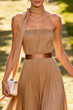 Khaki Chiffon Pleated Neck Scarf Long Wedding Guest Dress