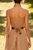 Khaki Chiffon Pleated Neck Scarf Long Wedding Guest Dress
