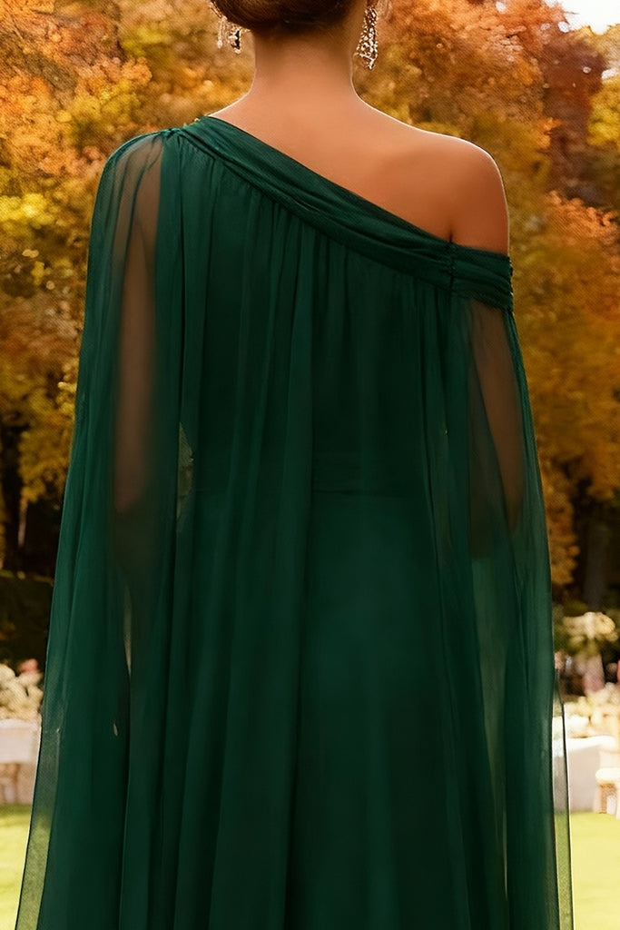 Zapakasa Women Dark Green Chiffon Long Wedding Guest Dress with Cape