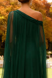 Dark Green One Shoulder Chiffon Long Wedding Guest Dress with Cape