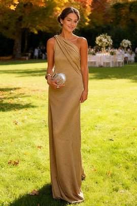 Khaki Satin One Shoulder Ruched Long Wedding Guest Dress