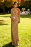 Khaki Satin One Shoulder Ruched Long Wedding Guest Dress