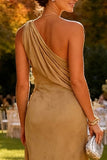 Khaki Satin One Shoulder Ruched Long Wedding Guest Dress