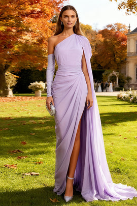 Light Purple Mermaid One Shoulder Long Wedding Guest Dress with Side Cape