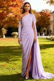 Light Purple Mermaid One Shoulder Long Wedding Guest Dress with Side Cape