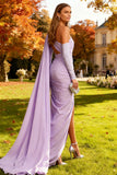 Light Purple Mermaid One Shoulder Long Wedding Guest Dress with Side Cape