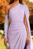 Light Purple Mermaid One Shoulder Long Wedding Guest Dress with Side Cape