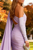 Light Purple Mermaid One Shoulder Long Wedding Guest Dress with Side Cape