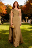 Khaki One Shoulder Mermaid Long Wedding Guest Dress with Side Cape