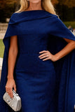 Navy Mermaid Chiffon Long Wedding Guest Dress with Cape