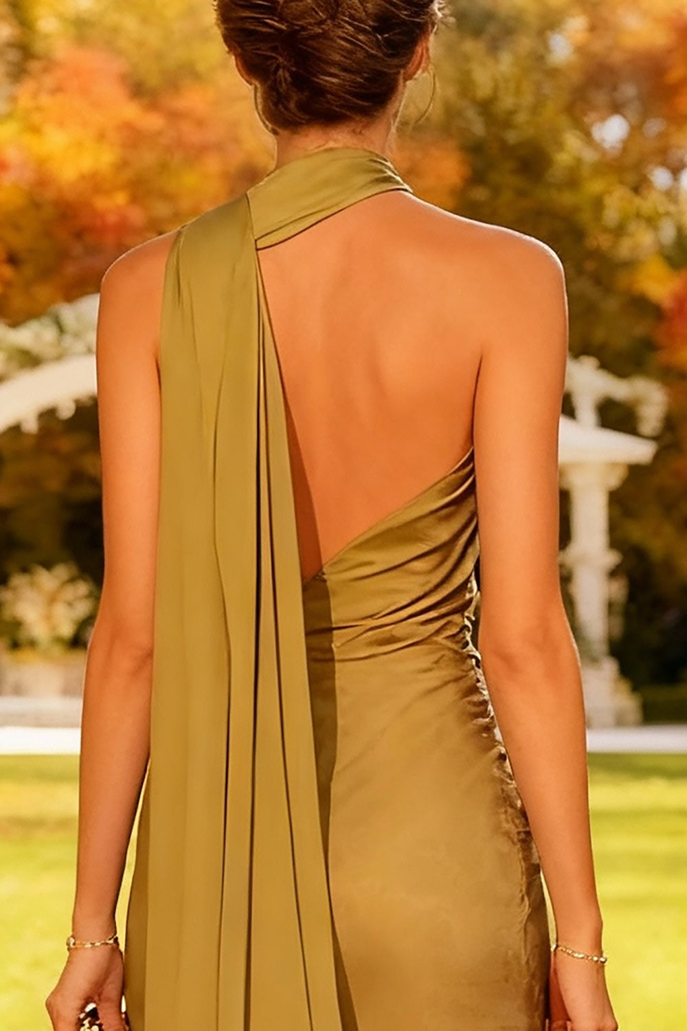 Khaki Mermaid Satin Halter Long Wedding Guest Dress