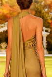 Khaki Mermaid Satin Halter Long Wedding Guest Dress